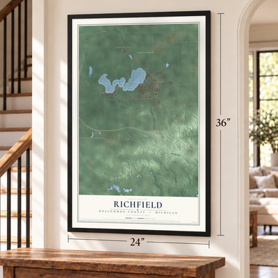 Richfield, Roscommon County, Michigan map, 24 x 36 inch print in a black frame by a staircase