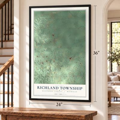 Richland Township, Missaukee County, Michigan map, 24 x 36 inch print in a black frame by a staircase