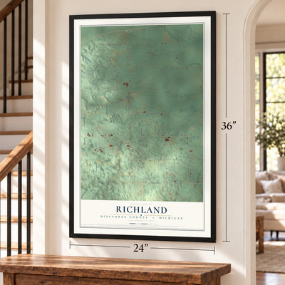 Richland, Missaukee County, Michigan map, 24 x 36 inch print in a black frame by a staircase