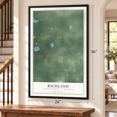 Richland, Ogemaw County, Michigan map, 24 x 36 inch print in a black frame by a staircase