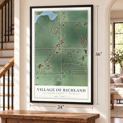 Richland, Michigan map, 24 x 36 inch print in a black frame by a staircase