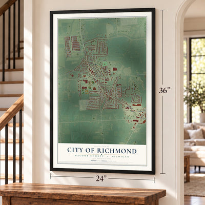 Richmond, Michigan map, 24 x 36 inch print in a black frame by a staircase