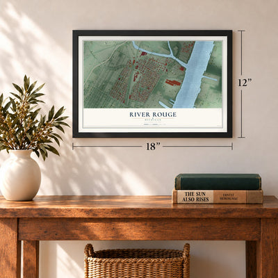 River Rouge, Michigan map, 12 x 18 inch print in a black frame in an entryway