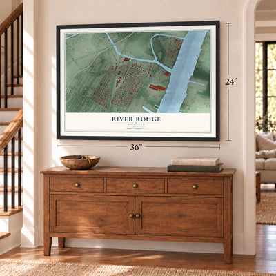 River Rouge, Michigan map, 24 x 36 inch print in a black frame above a dresser by a staircase