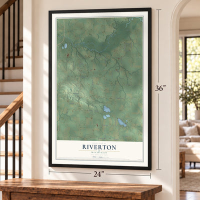 Riverton, Michigan map, 24 x 36 inch print in a black frame by a staircase