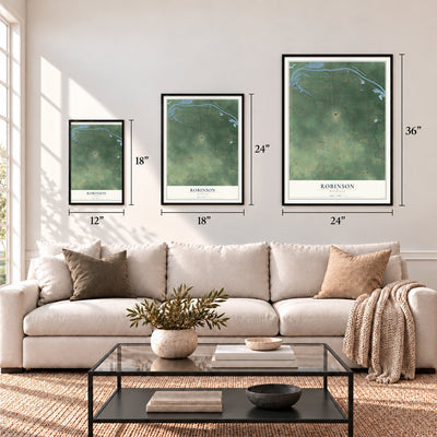 Robinson, Michigan map in 12 x 18, 18 x 24 and 24 x 36 inch sizes above a sofa