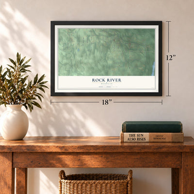Rock River, Michigan map, 12 x 18 inch print in a black frame in an entryway