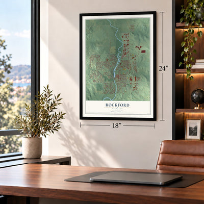 Rockford, Michigan map, 18 x 24 inch print in a black frame in a home office
