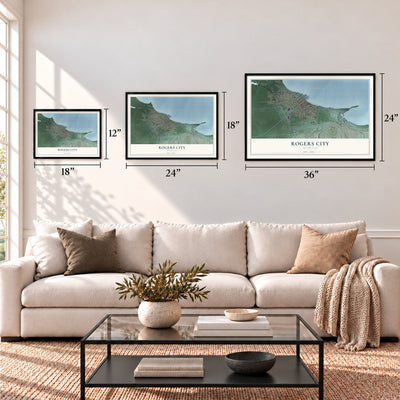 Rogers City, Michigan map in 12 x 18, 18 x 24 and 24 x 36 inch sizes above a sofa