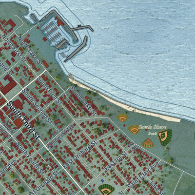 Close-up of the map of Rogers City, Michigan print showing street and building detail