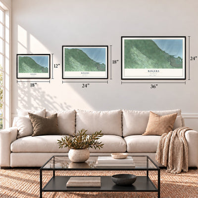 Rogers, Michigan map in 12 x 18, 18 x 24 and 24 x 36 inch sizes above a sofa