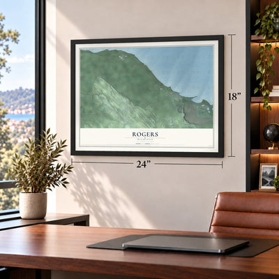 Rogers, Michigan map, 18 x 24 inch print in a black frame in a home office