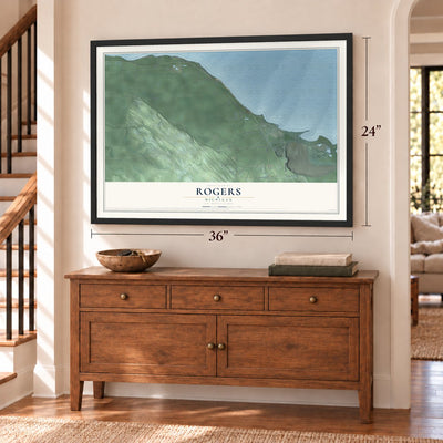 Rogers, Michigan map, 24 x 36 inch print in a black frame above a dresser by a staircase