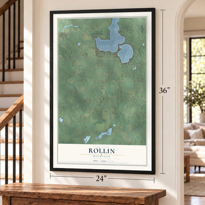 Rollin, Michigan map, 24 x 36 inch print in a black frame by a staircase