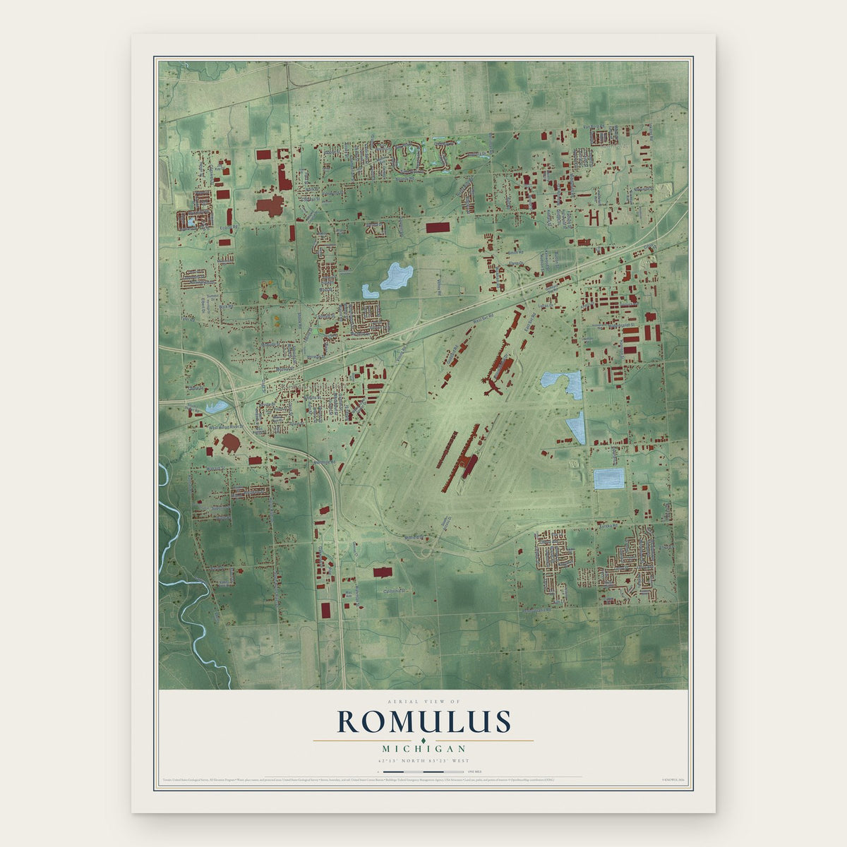 Romulus, Michigan map print, the full design