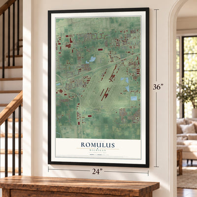 Romulus, Michigan map, 24 x 36 inch print in a black frame by a staircase