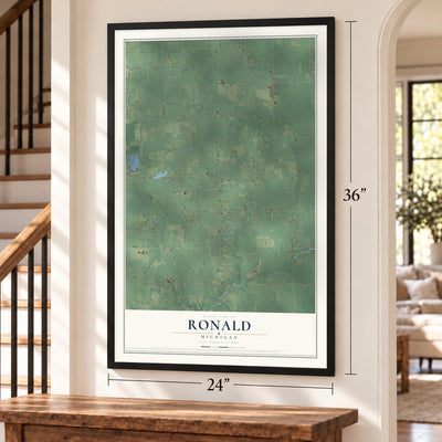Ronald, Michigan map, 24 x 36 inch print in a black frame by a staircase