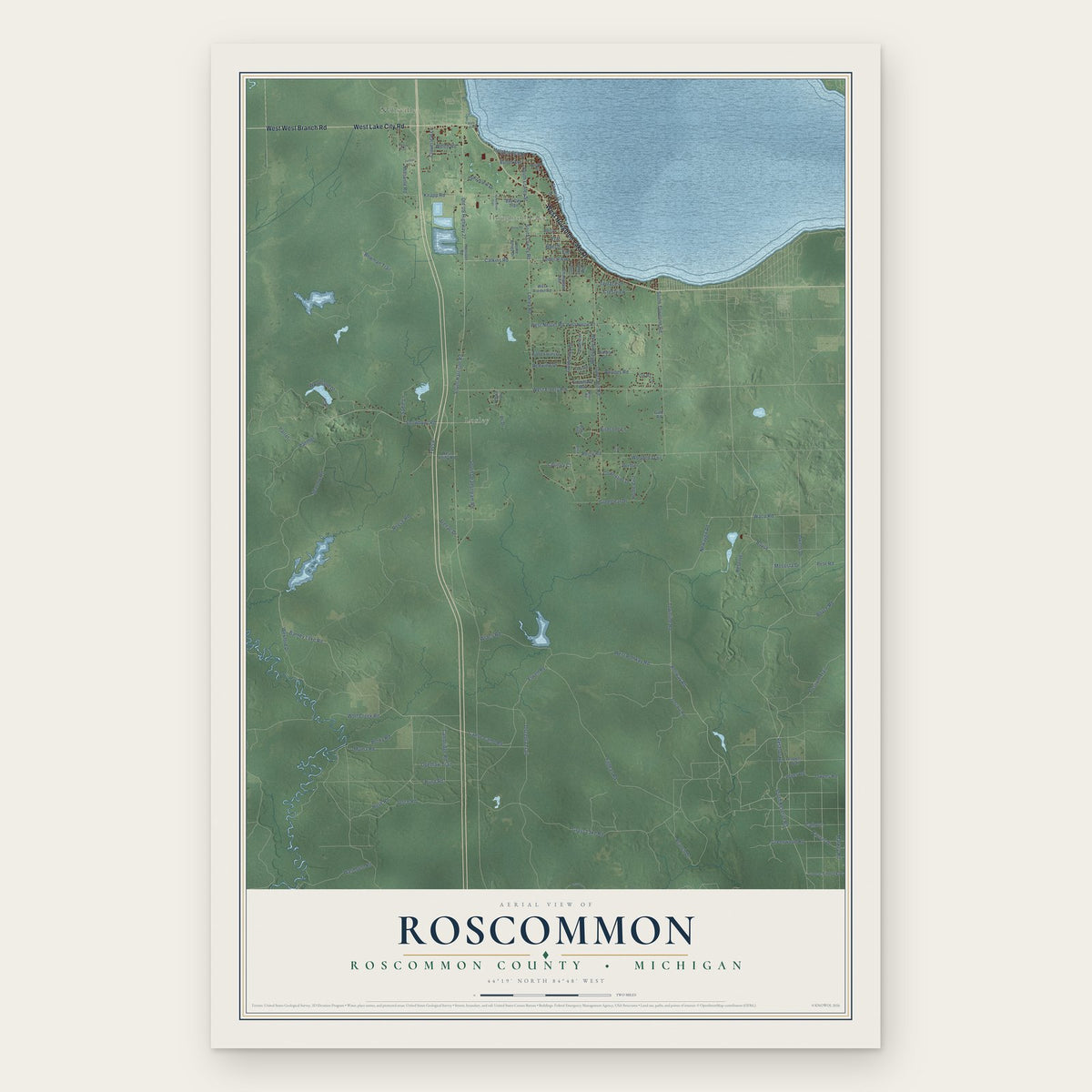 Roscommon, Roscommon County, Michigan map print, the full design