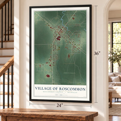 Roscommon, Michigan map, 24 x 36 inch print in a black frame by a staircase