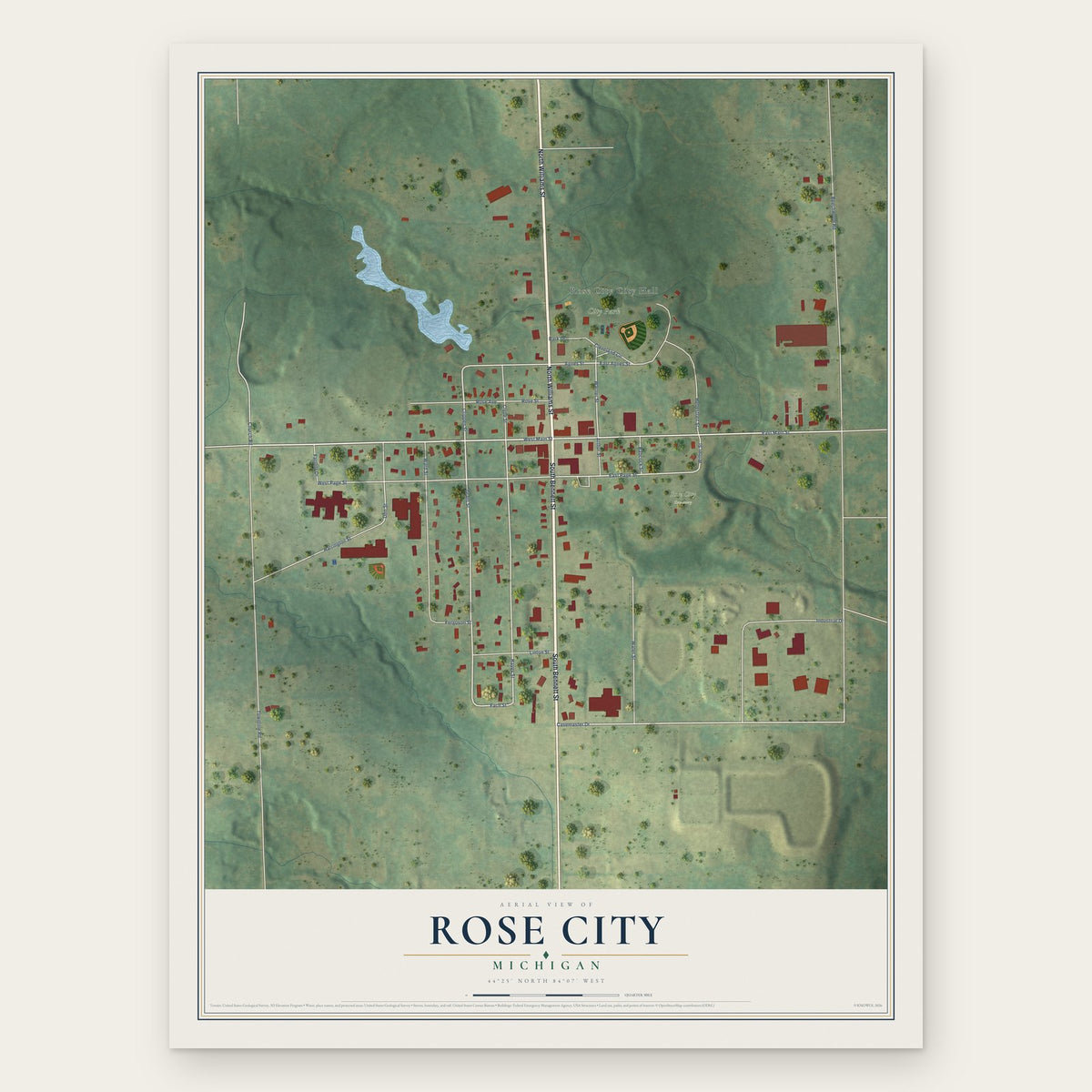 Rose City, Michigan map print, the full design