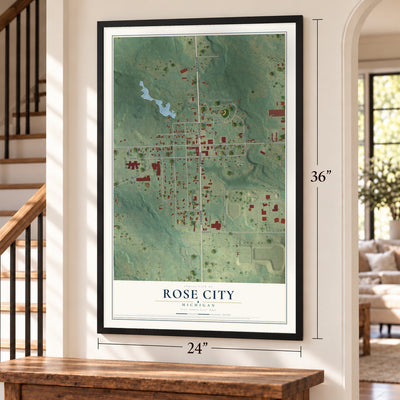 Rose City, Michigan map, 24 x 36 inch print in a black frame by a staircase
