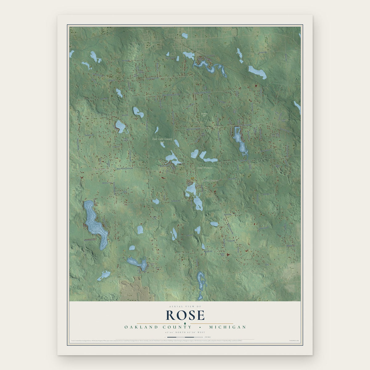 Rose, Oakland County, Michigan map print, the full design