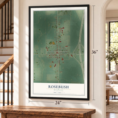Rosebush, Michigan map, 24 x 36 inch print in a black frame by a staircase
