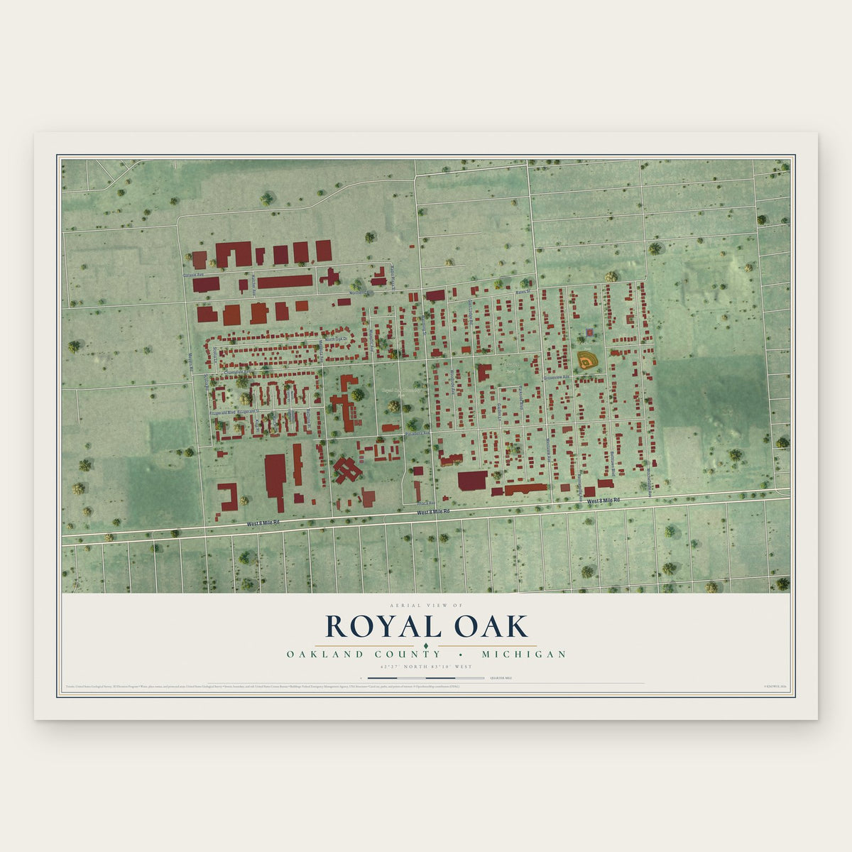 Royal Oak, Oakland County, Michigan map print, the full design
