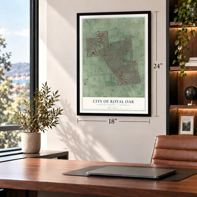 Royal Oak, Michigan map, 18 x 24 inch print in a black frame in a home office