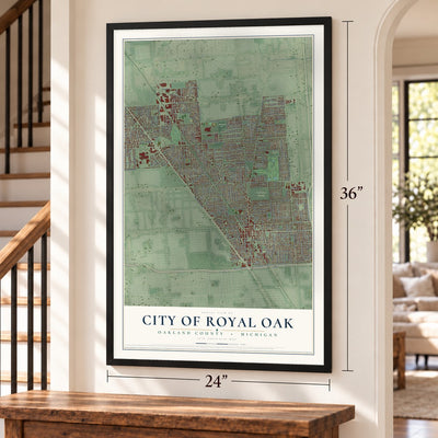 Royal Oak, Michigan map, 24 x 36 inch print in a black frame by a staircase