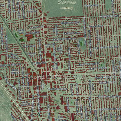 Close-up of the map of Royal Oak, Michigan print showing street and building detail