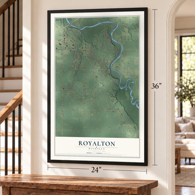 Royalton, Michigan map, 24 x 36 inch print in a black frame by a staircase