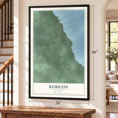 Rubicon, Michigan map, 24 x 36 inch print in a black frame by a staircase