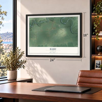 Ruby, Michigan map, 18 x 24 inch print in a black frame in a home office