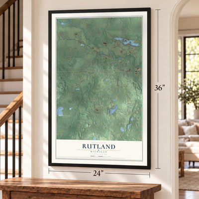 Rutland, Michigan map, 24 x 36 inch print in a black frame by a staircase