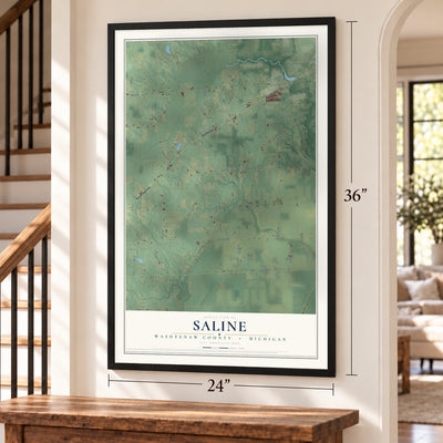 Saline, Washtenaw County, Michigan map, 24 x 36 inch print in a black frame by a staircase