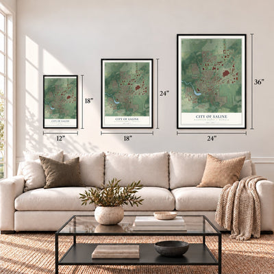 Saline, Michigan map in 12 x 18, 18 x 24 and 24 x 36 inch sizes above a sofa