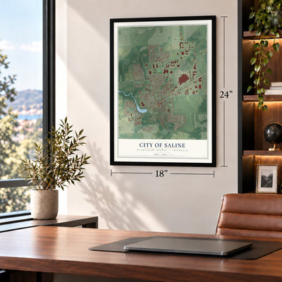 Saline, Michigan map, 18 x 24 inch print in a black frame in a home office