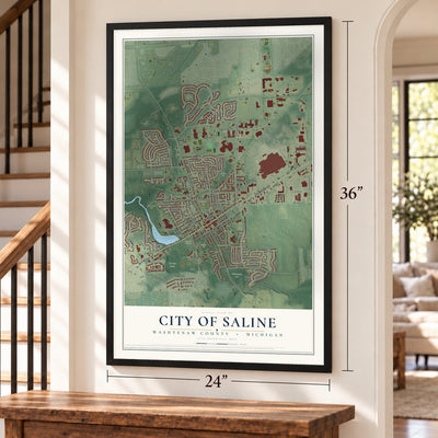 Saline, Michigan map, 24 x 36 inch print in a black frame by a staircase
