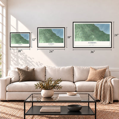 Sanborn, Michigan map in 12 x 18, 18 x 24 and 24 x 36 inch sizes above a sofa