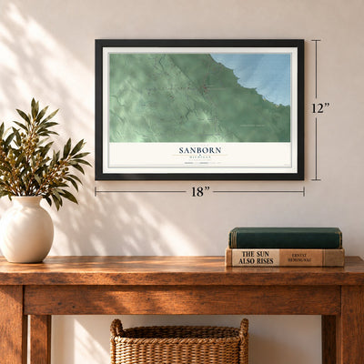 Sanborn, Michigan map, 12 x 18 inch print in a black frame in an entryway