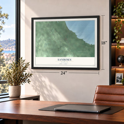 Sanborn, Michigan map, 18 x 24 inch print in a black frame in a home office