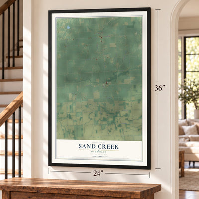 Sand Creek, Michigan map, 24 x 36 inch print in a black frame by a staircase