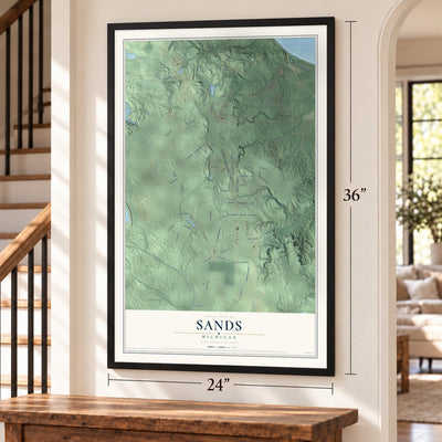Sands, Michigan map, 24 x 36 inch print in a black frame by a staircase