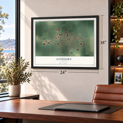 Sandusky, Michigan map, 18 x 24 inch print in a black frame in a home office