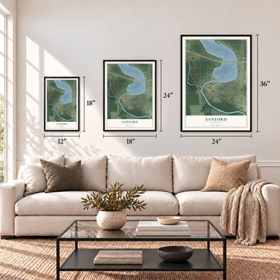Sanford, Michigan map in 12 x 18, 18 x 24 and 24 x 36 inch sizes above a sofa