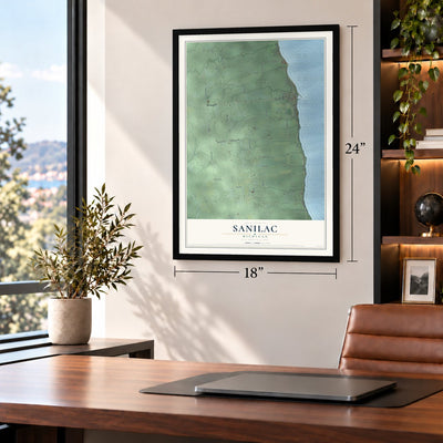 Sanilac, Michigan map, 18 x 24 inch print in a black frame in a home office