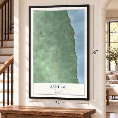 Sanilac, Michigan map, 24 x 36 inch print in a black frame by a staircase