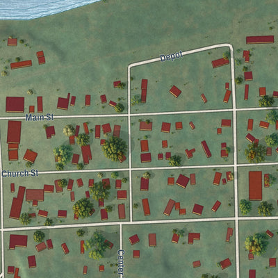 Close-up of the map of Saranac, Michigan print showing street and building detail