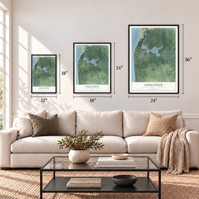 Saugatuck, Allegan County, Michigan map in 12 x 18, 18 x 24 and 24 x 36 inch sizes above a sofa